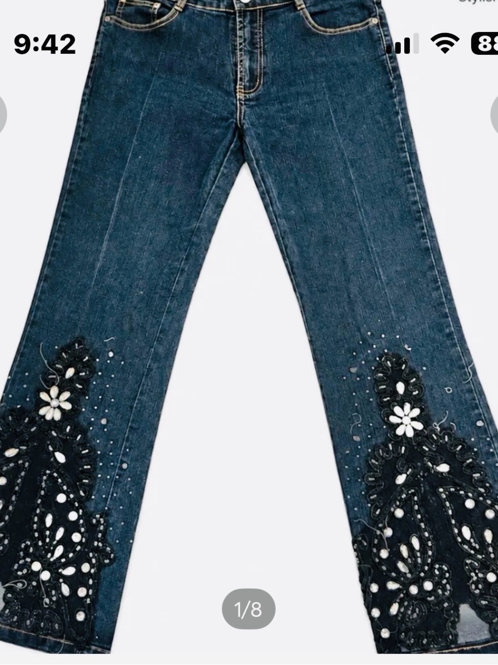 Azi Dark Blue Embellished Women’s Jeans with Floral Appliqué stretch and com
